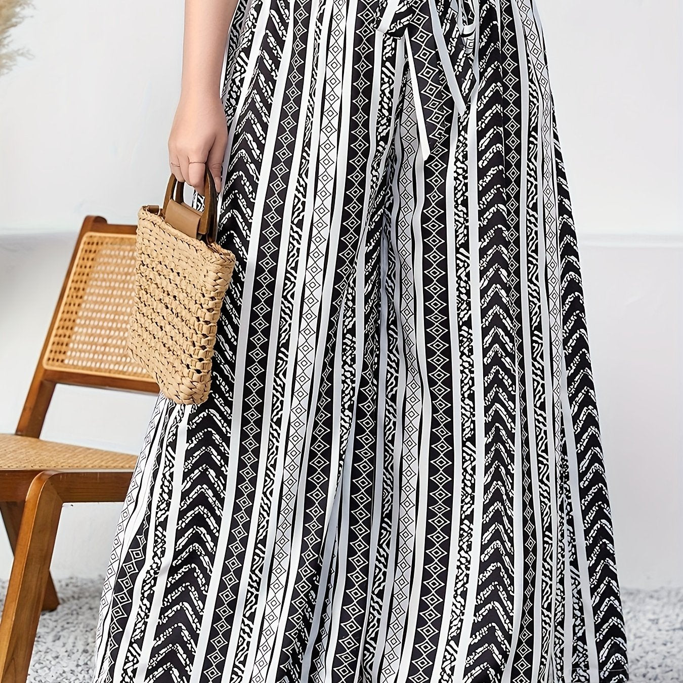  Colorblock Geometric Print Wide Leg Pants With Belt