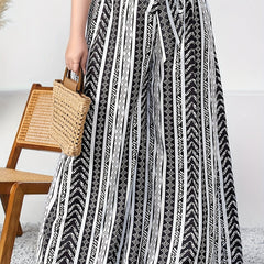  Colorblock Geometric Print Wide Leg Pants With Belt