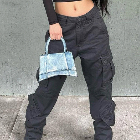 Dark Gray Cargo Pants Relaxed Fit Straight Leg Jeans Y2K Vintage Style