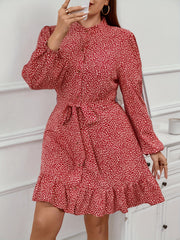  Leopard Print Lantern Sleeve Mock Neck Ruffle Trim Mini Dress