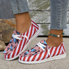 Women's Flag Pattern Canvas Loafers Lace Up Slip On Low Top Flat Shoes