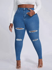  Casual Jeans Women's Plus Solid Ripped Button Fly Jeans