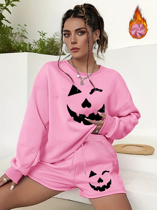 Plus Size Women's Ghost Face Print Sweatshirt & Shorts Outfit Set