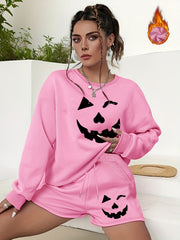 Plus Size Women's Ghost Face Print Sweatshirt & Shorts Outfit Set