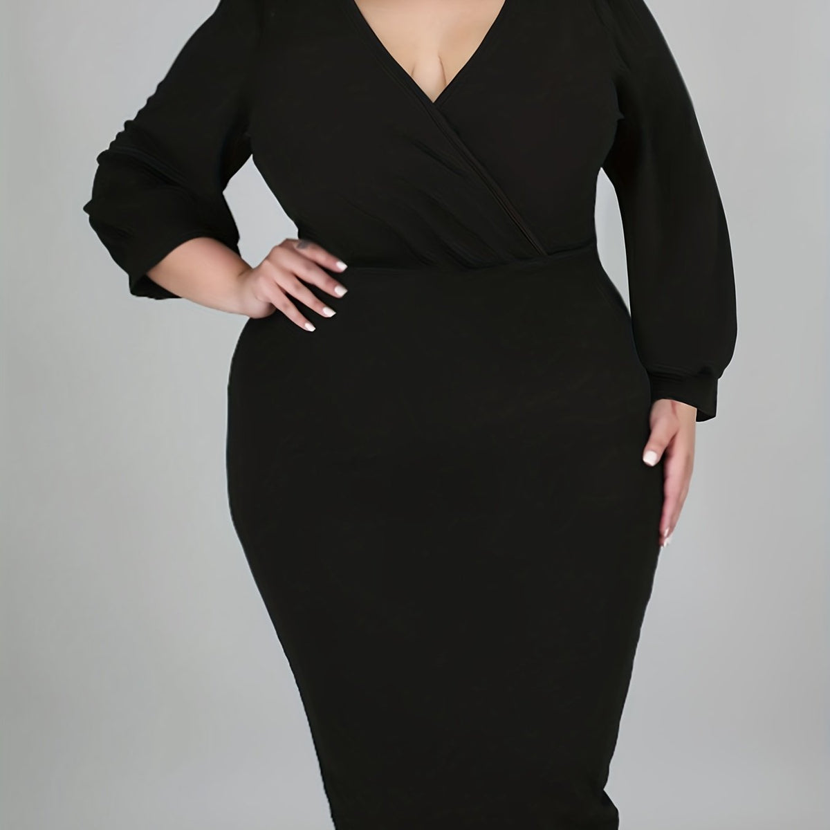  Solid Lantern Sleeve Surplice Neck Slim Fit Dress