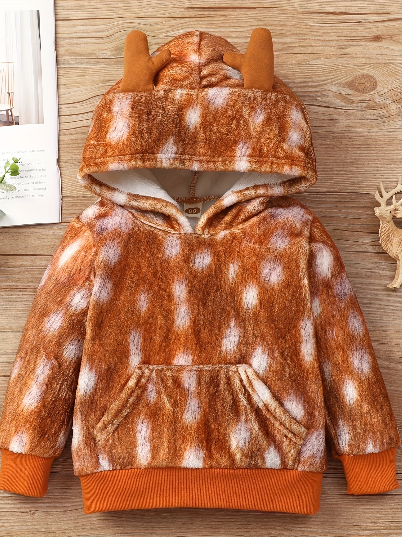 Girls Deer Print Fleece Hoodie Long Sleeve Pullover Top