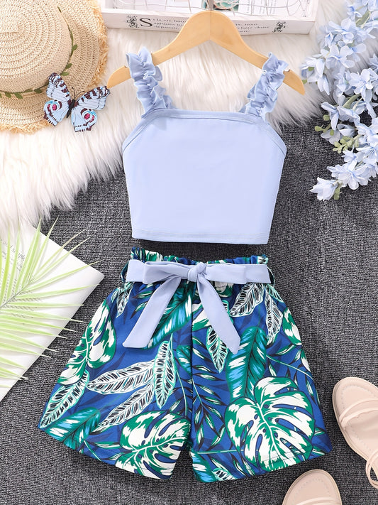 2pcs Girls Frilled Strap Top Tropical Belted Shorts Set