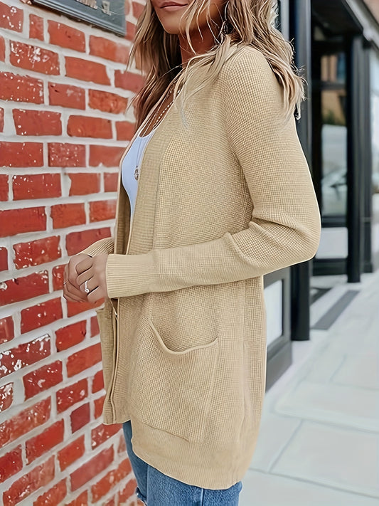  Solid Long Sleeve Open Front Cardigan With Pockets