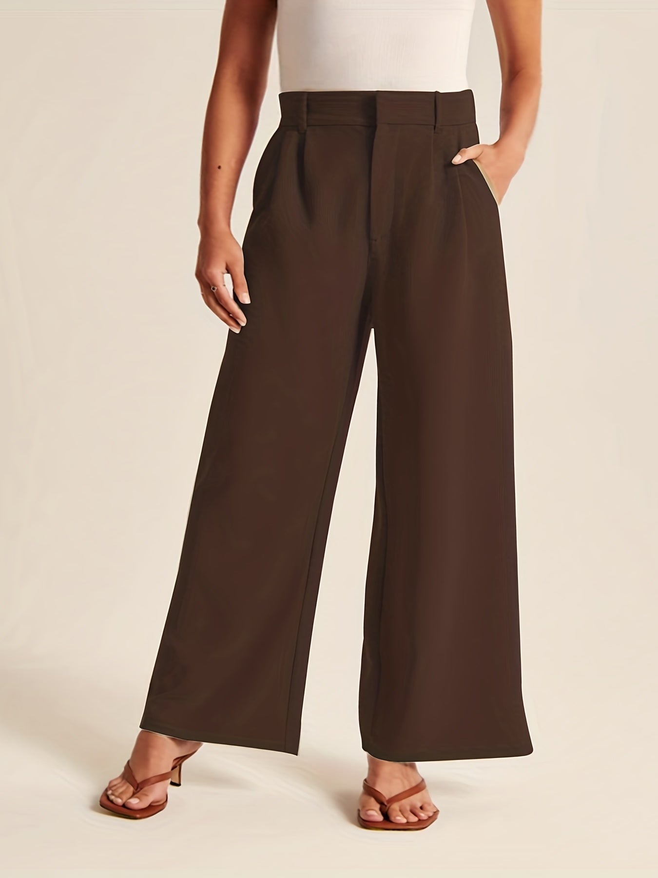  Solid High Rise Wide Leg Trousers With Pockets