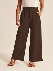  Solid High Rise Wide Leg Trousers With Pockets