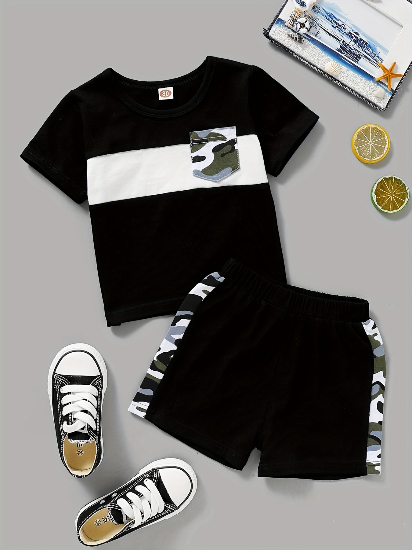 2pcs Baby Boys Block Pocket Patched T shirt & Shorts Set