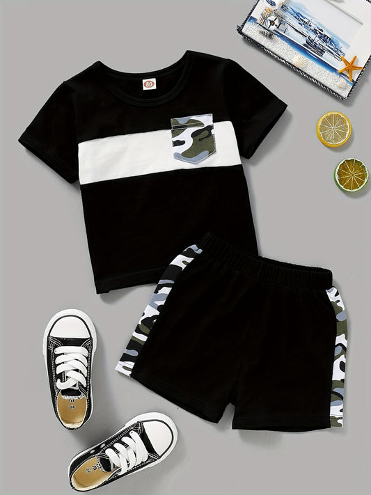 2pcs Baby Boys Block Pocket Patched T shirt & Shorts Set