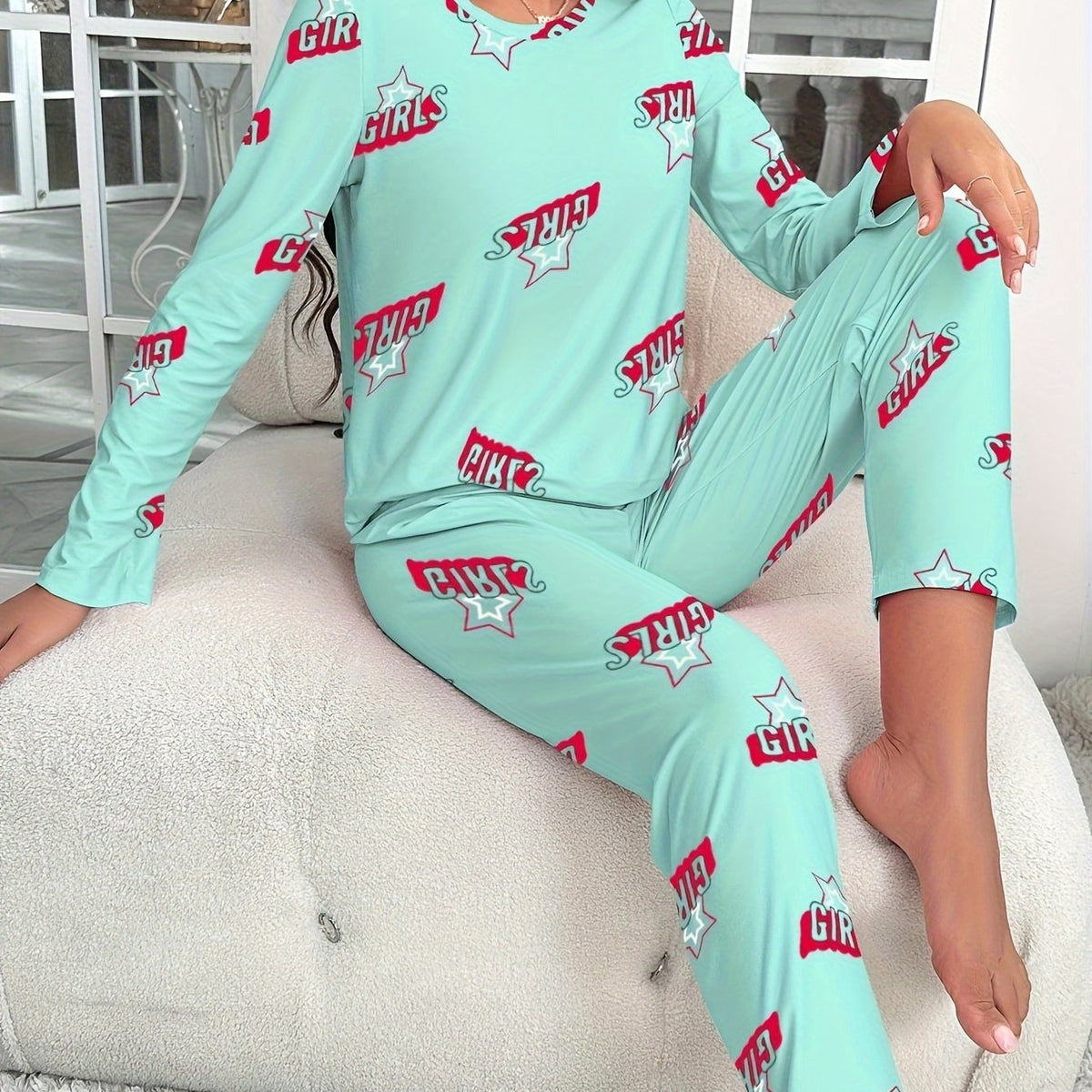 Letter Print Pajama Set Long Sleeve Top & Pants Women's Sleepwear
