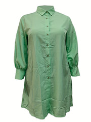  Solid Lantern Sleeve Button Up Shirt Dress