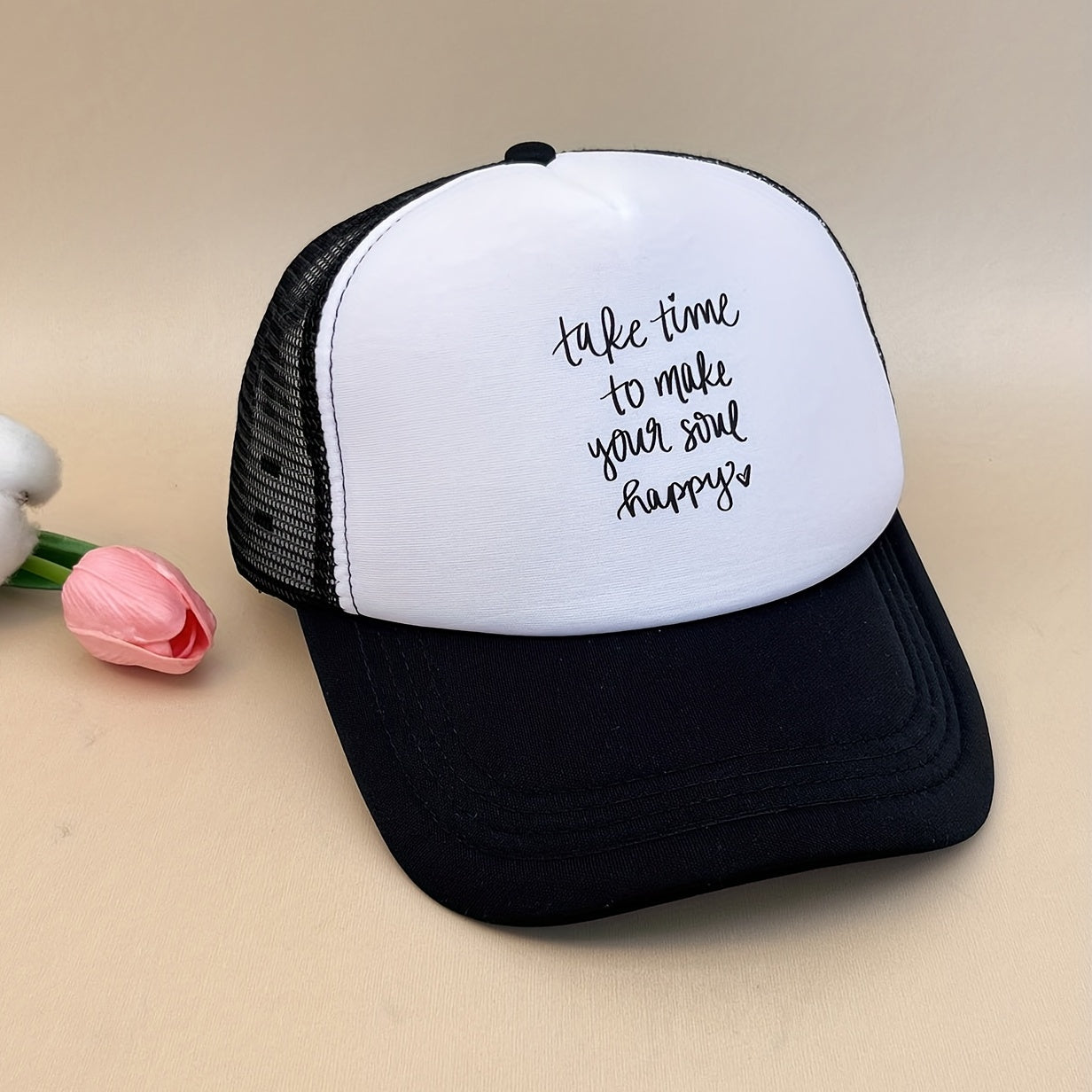Happy Letter Print Trucker Hat Lightweight Mesh Baseball Cap Adjustable Dad Hats