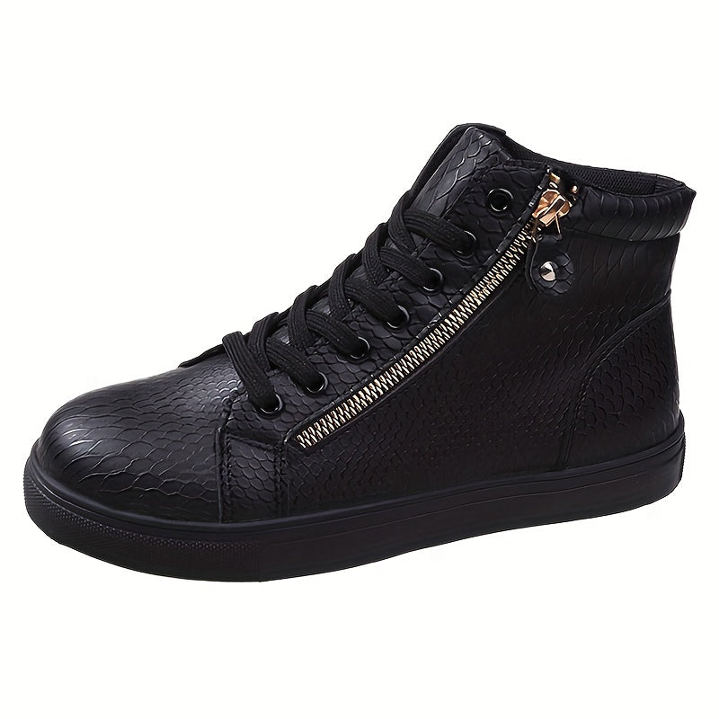 Side Zipper High Top Flat Skate Shoes Non Slip Faux Leather Sneakers