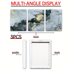 3pcs Framed Modern Ink Paintings with Marble Texture and Golden Accents