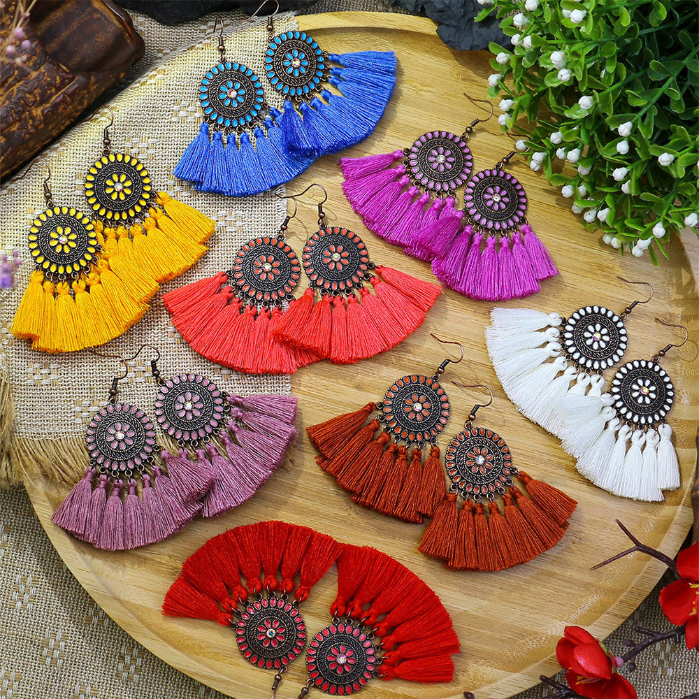 Bohemian Style Fan Shaped Tassel Earrings with Rhinestones