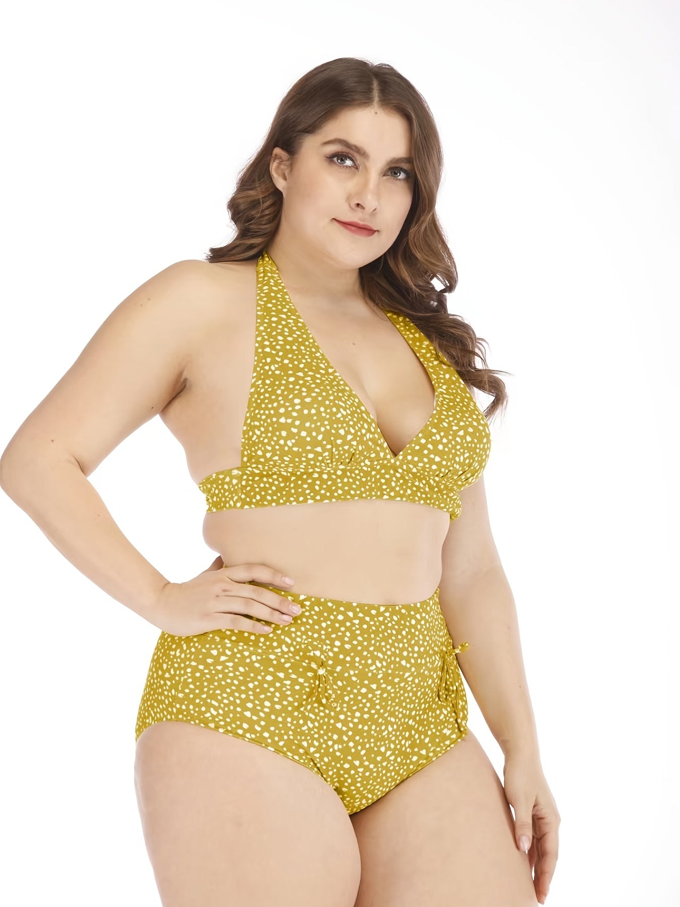  Polka Dot High Rise Knot Front Bikini Set Women's Plus Medium Stretch