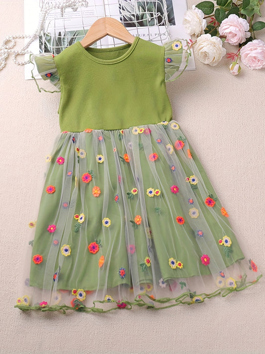 Toddler Girls Mesh Ruffled Sleeves Colorful Flowers Embroidery Splicing Princess