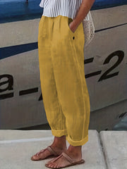  Basic Pants Women's Plus Plain High Rise Elastic Button Decor