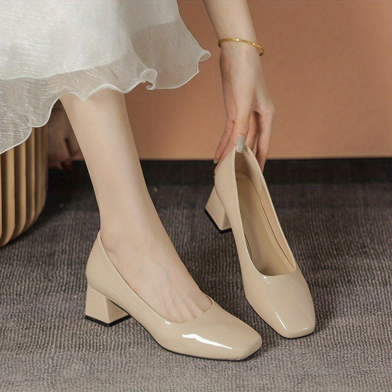 Women's Chunky Heeled Court Pumps Square Toe Solid Patent Leather Shoes