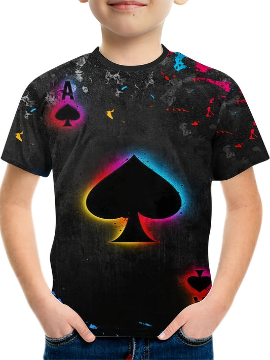 Ace Spade Print Boys T-shirt Lightweight Short Sleeve Top Summer Kids Outfit