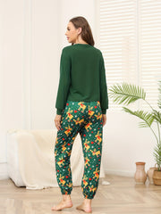 Elk Print Pajama Set Christmas Long Sleeve Crew Neck Top & Pants
