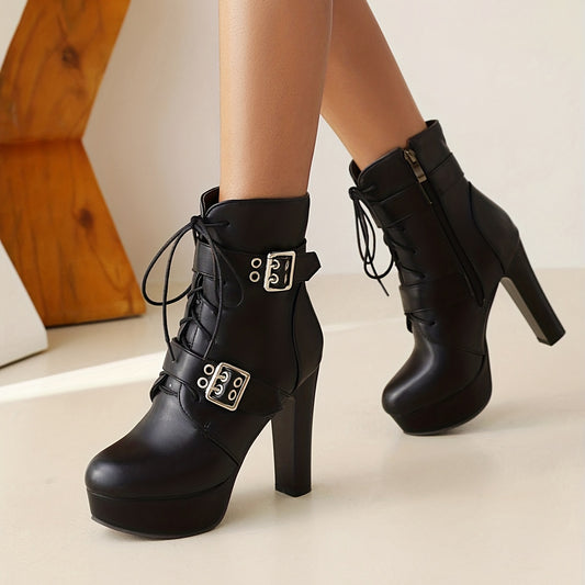 Women's Buckle Strap Ankle Boots Lace Up Block Heels