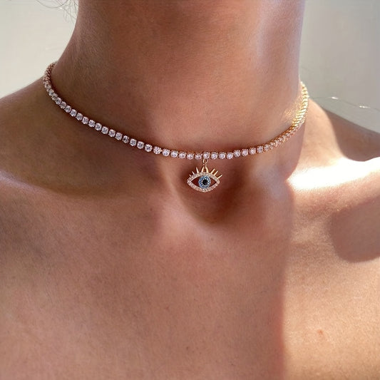 Vintage Evil's Eye Rhinestone Necklace, 18K Plated, Gift