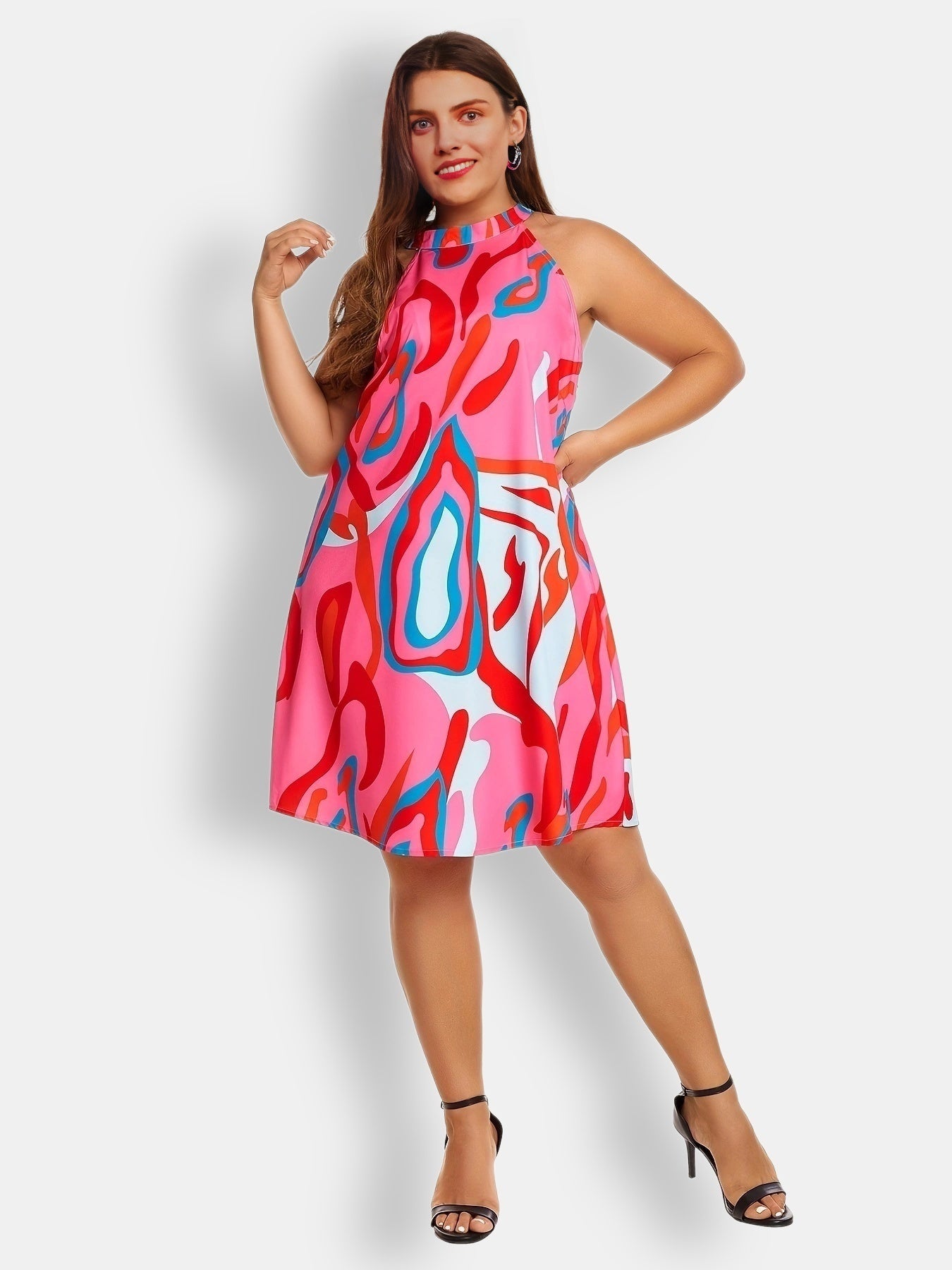  Casual Dress Women's Plus Random Print Halter Neck Keyhole Back Dress