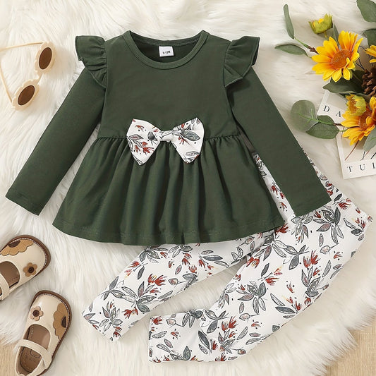 Baby Girl Winter Outfit Flutter Sleeve Splicing Bowknot Skirt Top & Pants Set