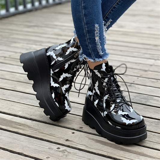 Women's Bat Pattern Platform Boots Punk Style Lace Up Ankle Boots