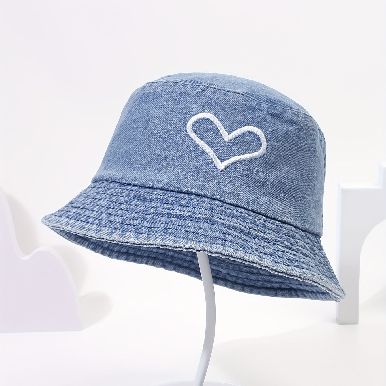 Denim Washed Bucket Hat Love Embroidery Fisherman Cap UV Protection Sun Hat