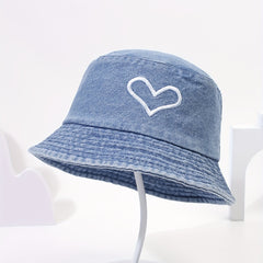 Denim Washed Bucket Hat Love Embroidery Fisherman Cap UV Protection Sun Hat