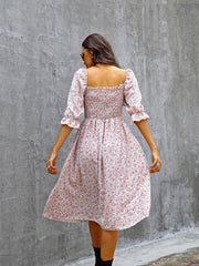 Floral Print Puff Sleeve Shirred Dress Square Neck - Resort Wear