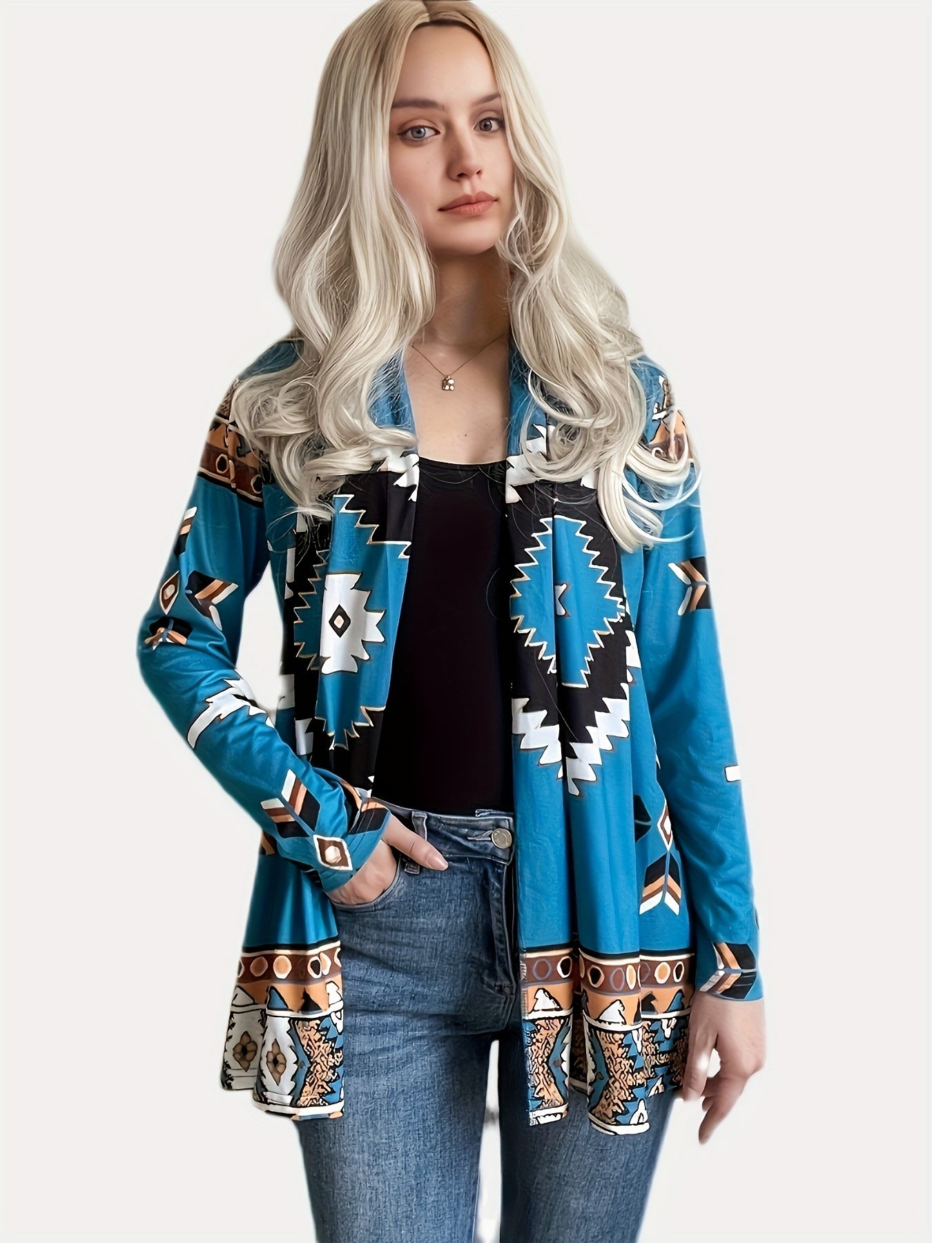 Women's Plus Geometric Print Open Front Cardigan