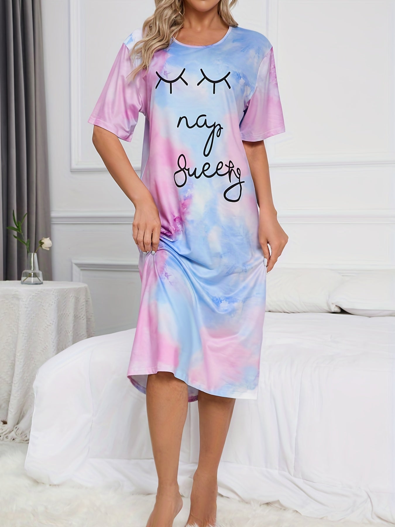 Tie Dye Letter Print Lounge Dress Short Sleeve Long Dress Women's Loungewear