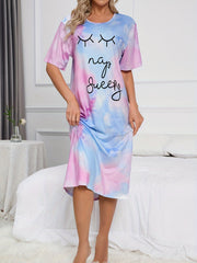 Tie Dye Letter Print Lounge Dress Short Sleeve Long Dress Women's Loungewear