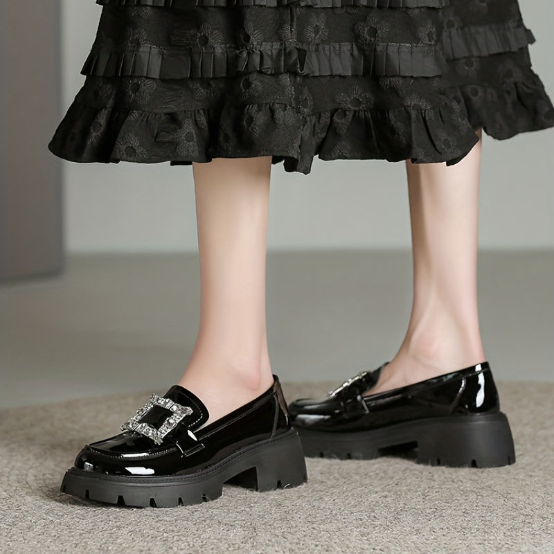 Chunky Heel Loafers Rhinestone Slip On Platform Shoes
