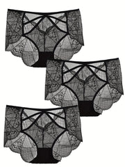 3pk Plus Size Lace Mid Waist Semi Sheer Panties