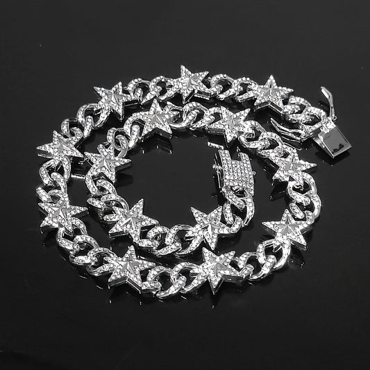Cuban Hip Hop Artificial Diamond Pentagram Chain Necklace