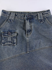 Cargo Denim Midi Skirt Y2K & Kpop Style Drawstring Denim Skirt
