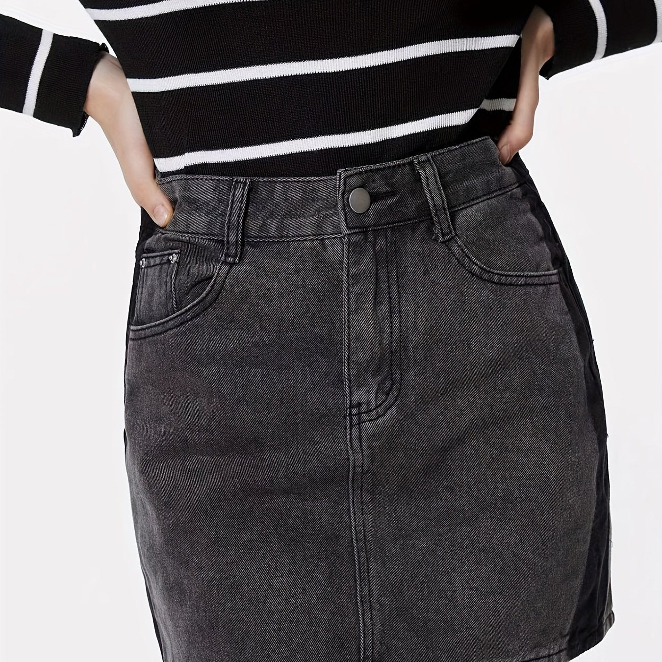 Dark Gray Denim Skirt with Slash Pockets