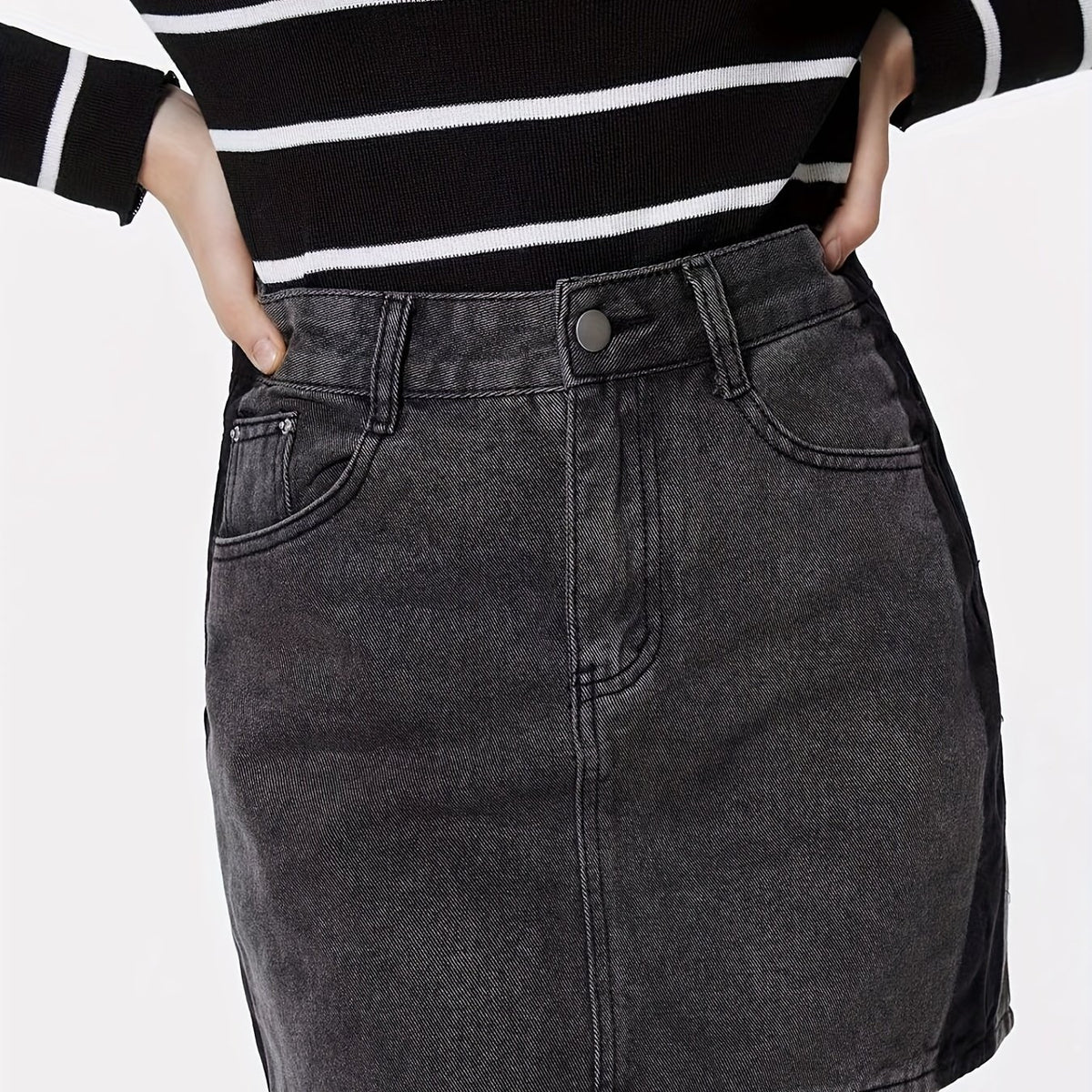 Dark Gray Denim Skirt with Slash Pockets
