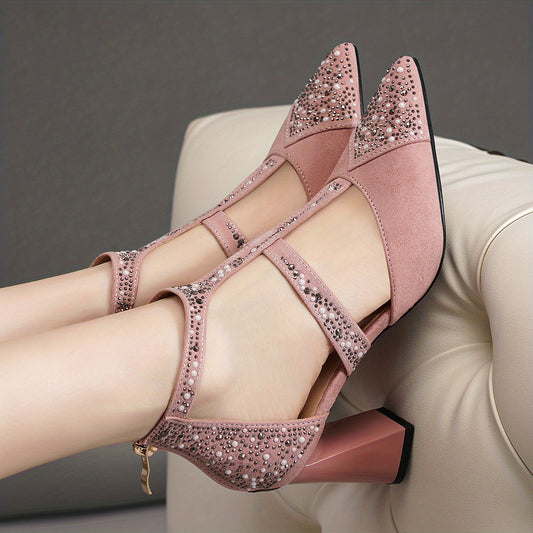 Women's Pointed Toe Block High Heels T-Strap Sandals