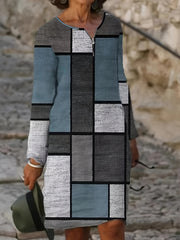  Patchwork Print Long Sleeve Dress
