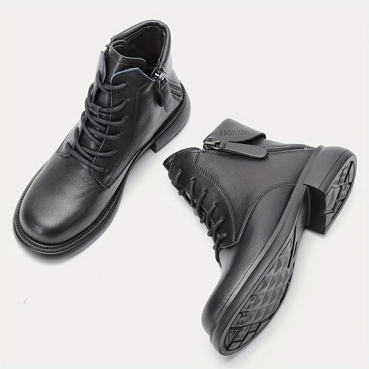 Women's Chunky Heel Lace Up Boots Double Zipper Stylish