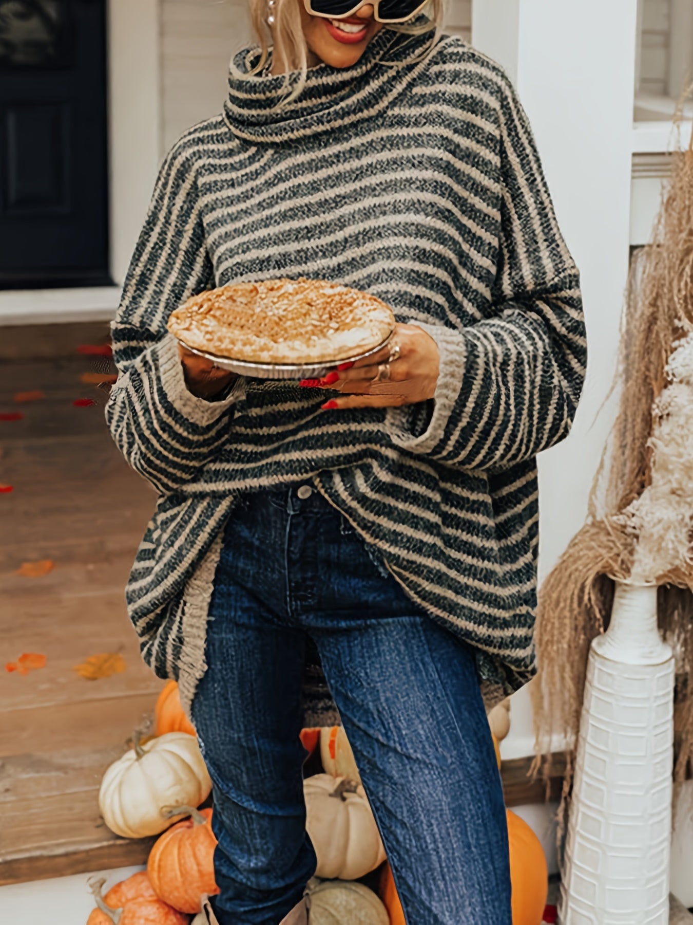 Women's Plus Stripe Print Chimney Collar Pullover Sweater