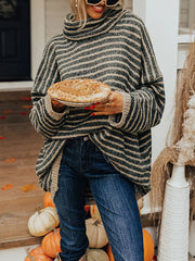 Women's Plus Stripe Print Chimney Collar Pullover Sweater